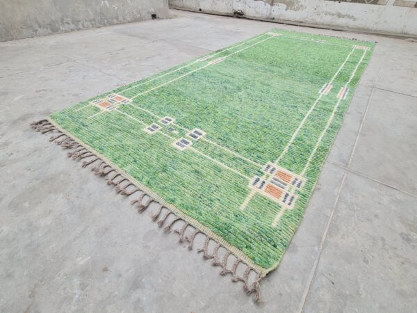 Green and White Moroccan Hand Knotted Wool Rug