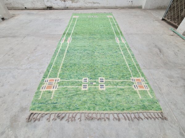 Green and White Moroccan Hand Knotted Wool Rug - Image 2