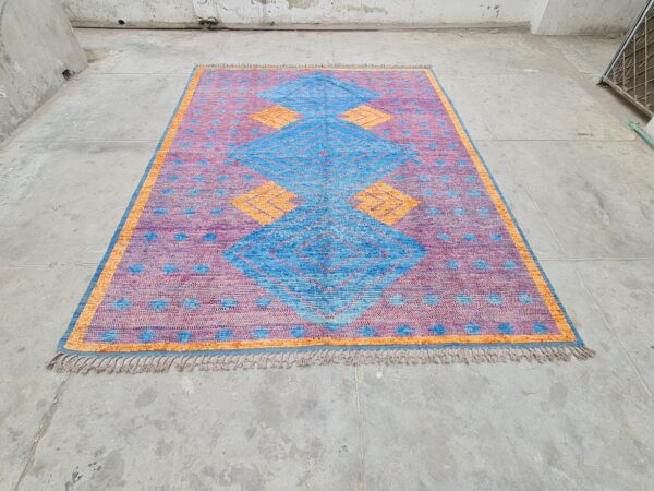 Red, Blue, and Multicolor Moroccan Hand Knotted Wool Rug - Image 2