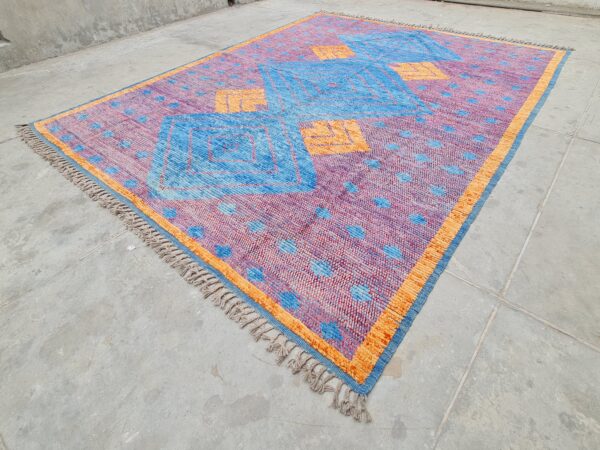 Red, Blue, and Multicolor Moroccan Hand Knotted Wool Rug - Image 3