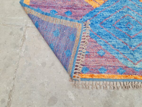 Red, Blue, and Multicolor Moroccan Hand Knotted Wool Rug - Image 9