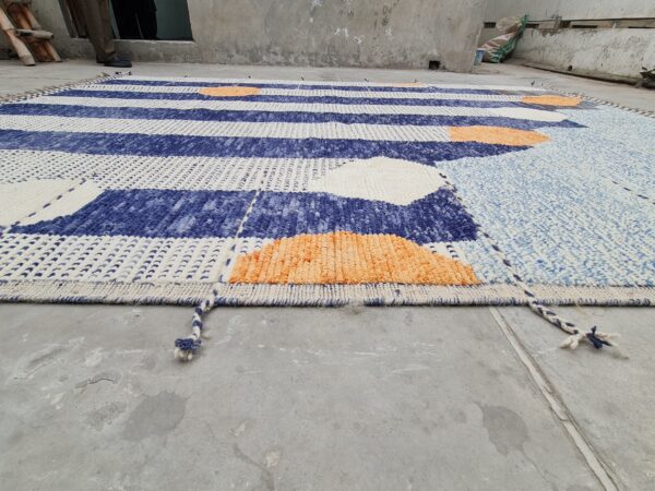 Blue, Orange, and Multicolor Moroccan Hand Knotted Wool Rug - Image 4