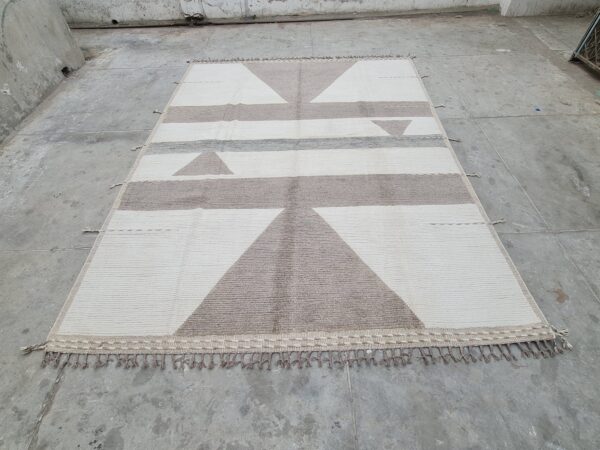 Hand Knitted Brown and White Moroccan Hand Knotted Wool Rug