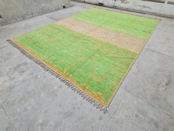 Green, Orange, and Multicolor Moroccan Hand Knotted Wool Rug - Image 2