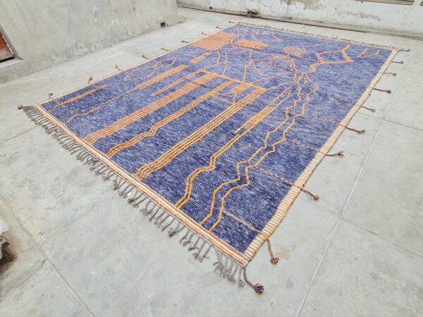 Blue, Orange, and Multicolor Moroccan Hand Knotted Wool Rug