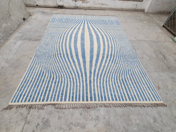 Blue and White Moroccan Hand Knotted Wool Rug - Image 2