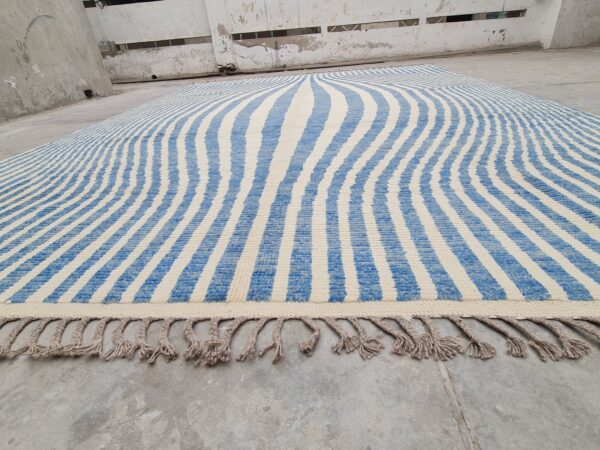 Blue and White Moroccan Hand Knotted Wool Rug - Image 6