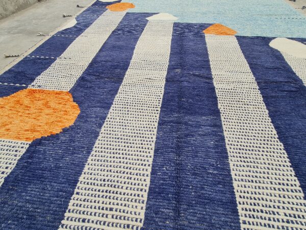 Blue, Orange, and Multicolor Moroccan Hand Knotted Wool Rug - Image 6