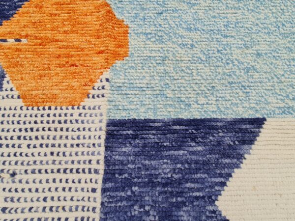 Blue, Orange, and Multicolor Moroccan Hand Knotted Wool Rug - Image 7