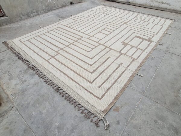 Brown and White Moroccan Hand Knotted Wool Afghan Style Rug