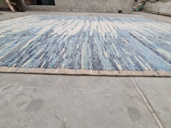 Blue, White, and Multicolor Moroccan Hand Knotted Wool Rug - Image 4