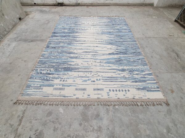 Blue, White, and Multicolor Moroccan Hand Knotted Wool Rug