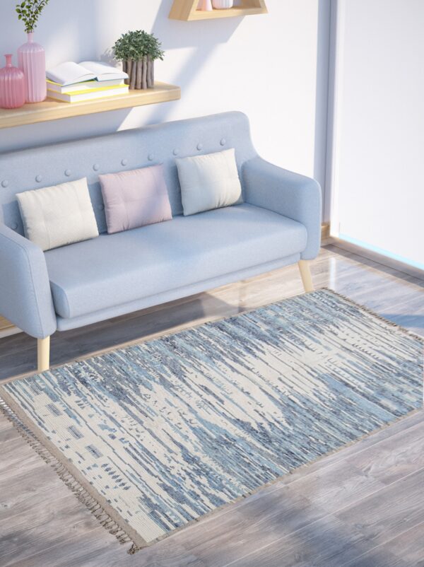 Blue, White, and Multicolor Moroccan Hand Knotted Wool Rug - Image 3