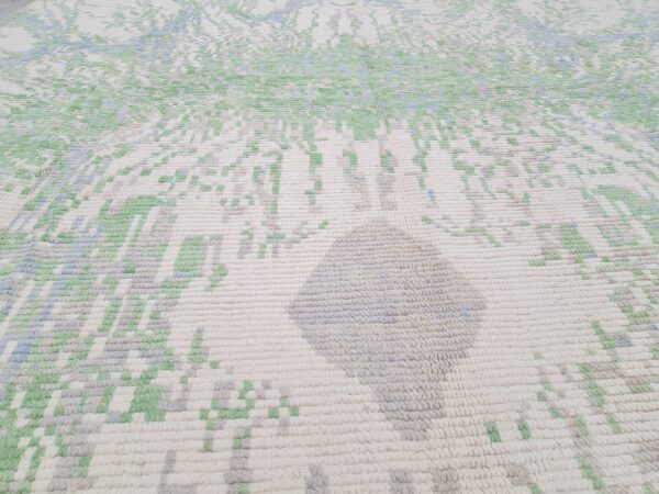 Green, White, and Multicolor Moroccan Hand Knotted Wool Rug - Image 8