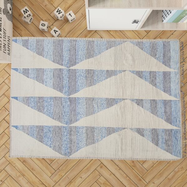 Blue, White, and Multicolor Moroccan Hand Knotted Wool Rug