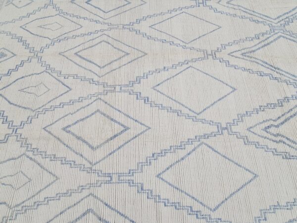 Blue and White Moroccan Hand Knotted Wool Rug - Image 5