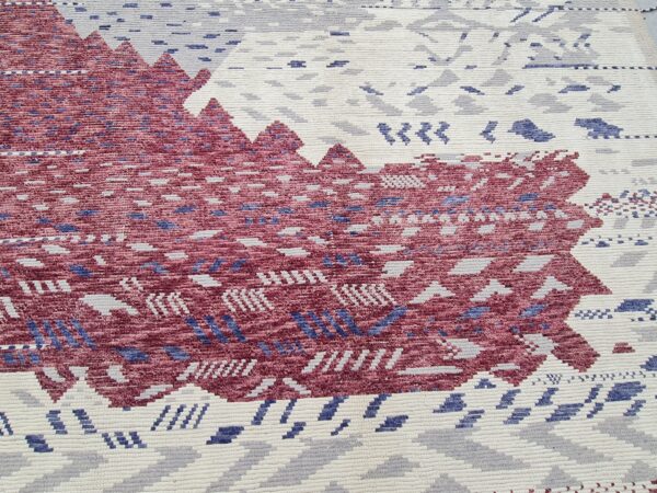 Red, White, and Multicolor Moroccan Hand Knotted Wool Rug - Image 7