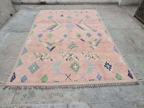 Pink, Blue, and Multicolor Moroccan Hand Knotted Wool Rug - Image 3