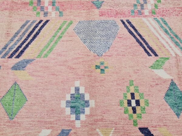 Pink, Blue, and Multicolor Moroccan Hand Knotted Wool Rug - Image 7