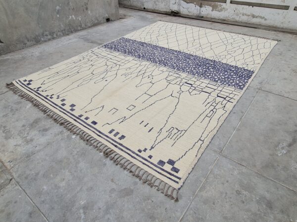 Blue and White Moroccan Hand Knotted Wool Rug - Image 2