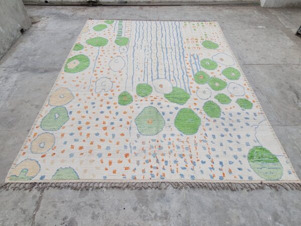 Green, White, and Multicolor Moroccan Hand Knotted Wool Rug