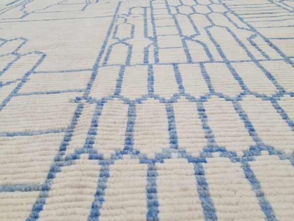 Blue and White Moroccan Hand Knotted Wool Rug - Image 9