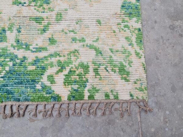 Green, White, and Multicolor Moroccan Hand Knotted Wool Rug - Image 4