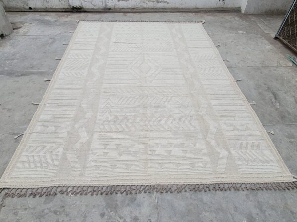 White and Beige Moroccan Hand Knotted Wool Rug - Image 2