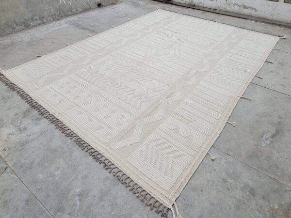 White and Beige Moroccan Hand Knotted Wool Rug