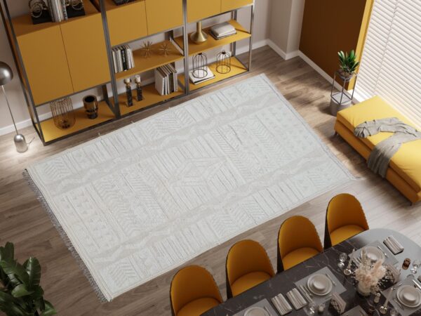 White and Beige Moroccan Hand Knotted Wool Rug - Image 8