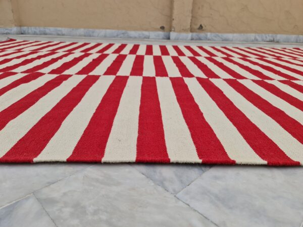 Red and White Horizental Line contrast Striped Flatweave Wool Rug - Image 3