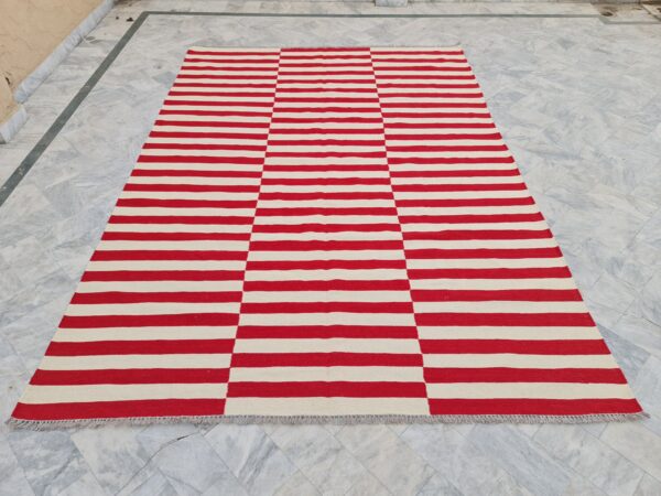 Red and White Horizental Line contrast Striped Flatweave Wool Rug - Image 5