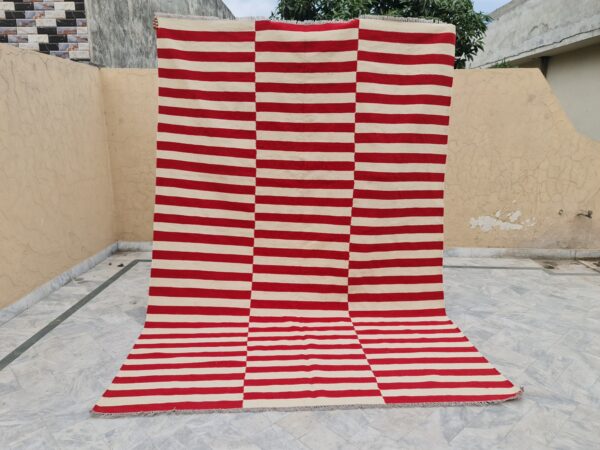 Red and White Horizental Line contrast Striped Flatweave Wool Rug