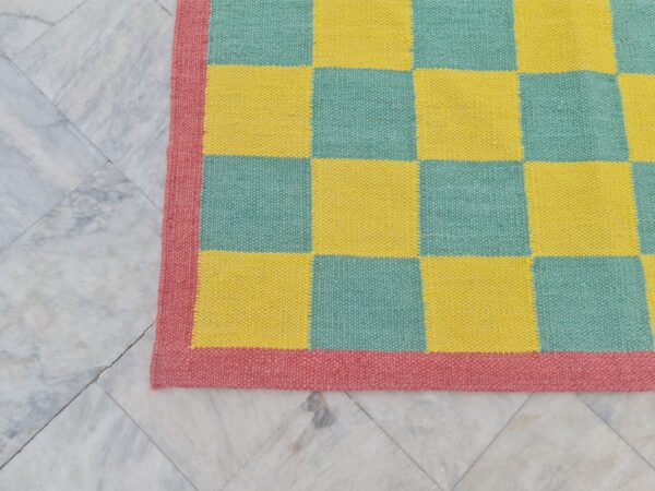 Yellow, Green, and Multicolor Checkered Flatweave Wool Rug - Image 5