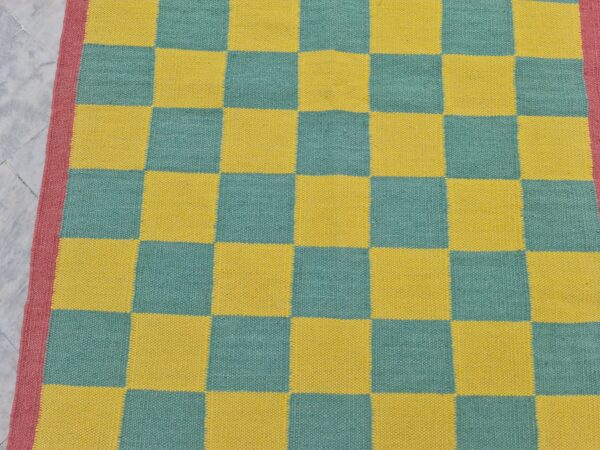 Yellow, Green, and Multicolor Checkered Flatweave Wool Rug - Image 7