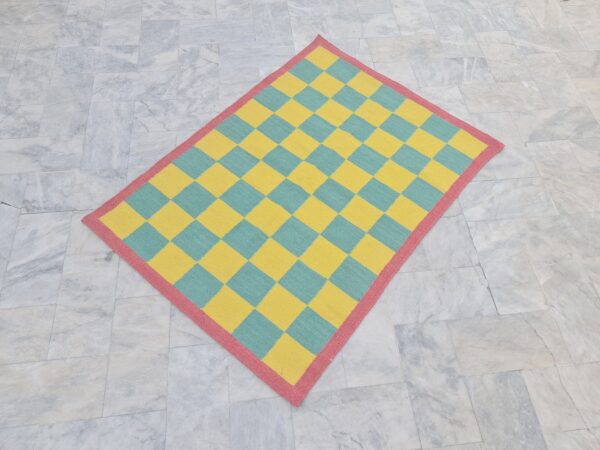 Yellow, Green, and Multicolor Checkered Flatweave Wool Rug