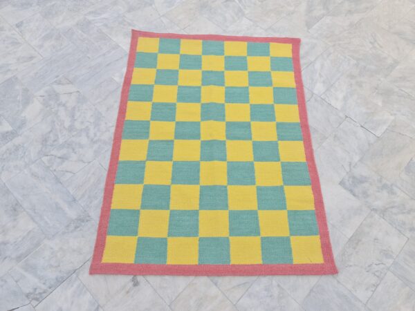 Yellow, Green, and Multicolor Checkered Flatweave Wool Rug - Image 3