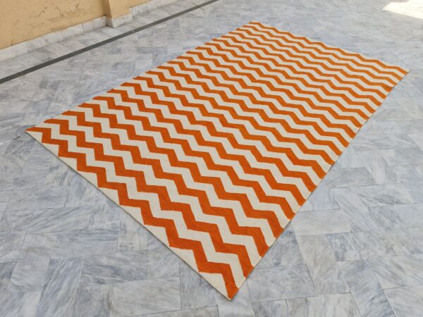 Orange and White Zigzag Flatweave Wool Rug - Image 2