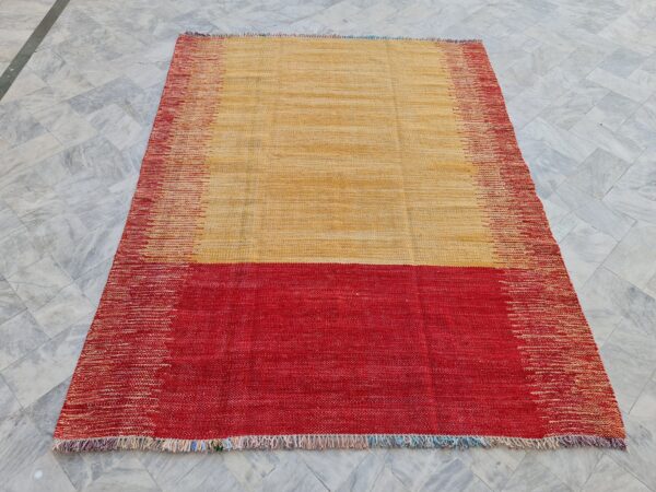 Yellow and Red Striped Flatweave Wool Rug - Image 2