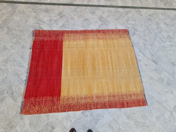 Yellow and Red Striped Flatweave Wool Rug - Image 3