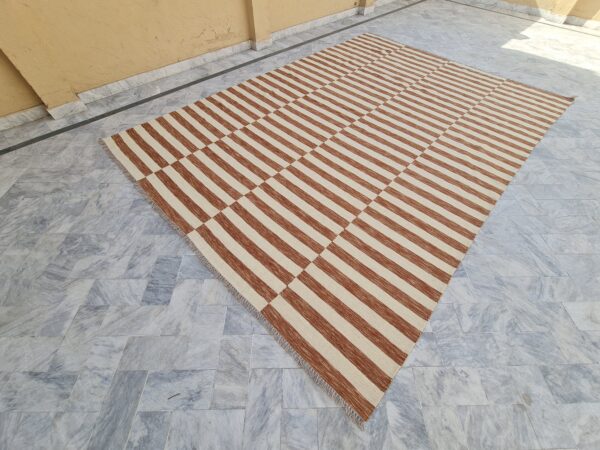 Brown and White Striped Flatweave Wool Rug - Image 3