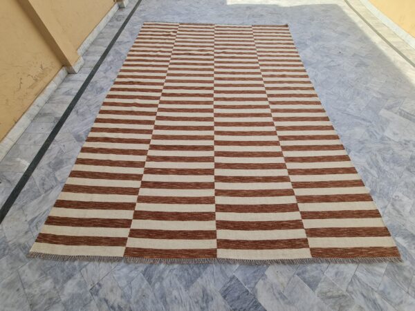 Brown and White Striped Flatweave Wool Rug - Image 2