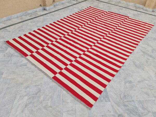 Red and White Horizental Line contrast Striped Flatweave Wool Rug - Image 2