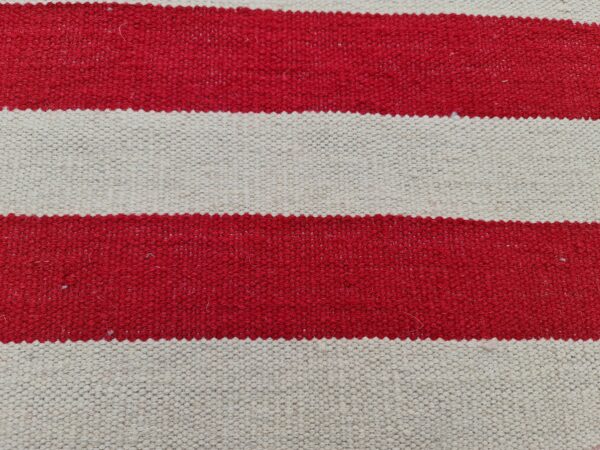 Red and White Horizental Line contrast Striped Flatweave Wool Rug - Image 7