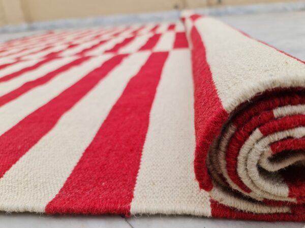 Red and White Horizental Line contrast Striped Flatweave Wool Rug - Image 8