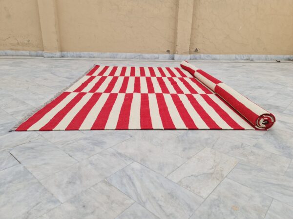 Red and White Horizental Line contrast Striped Flatweave Wool Rug - Image 9