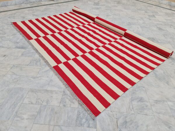 Red and White Horizental Line contrast Striped Flatweave Wool Rug - Image 10