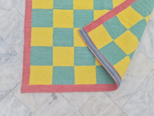 Yellow, Green, and Multicolor Checkered Flatweave Wool Rug - Image 6