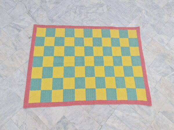 Yellow, Green, and Multicolor Checkered Flatweave Wool Rug - Image 2