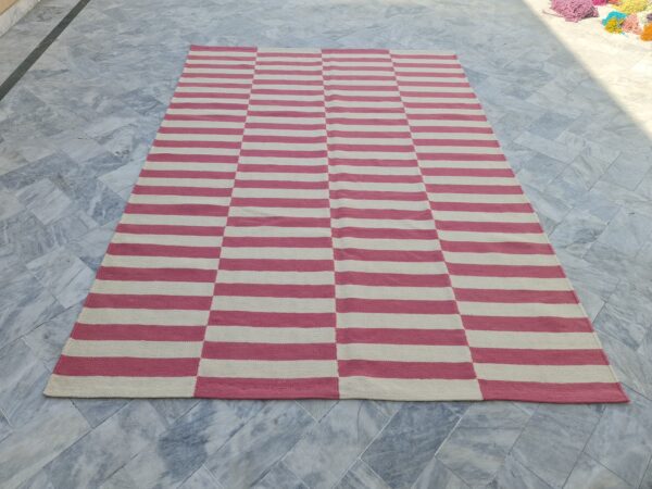 Pink and White Striped Flatweave Wool Rug